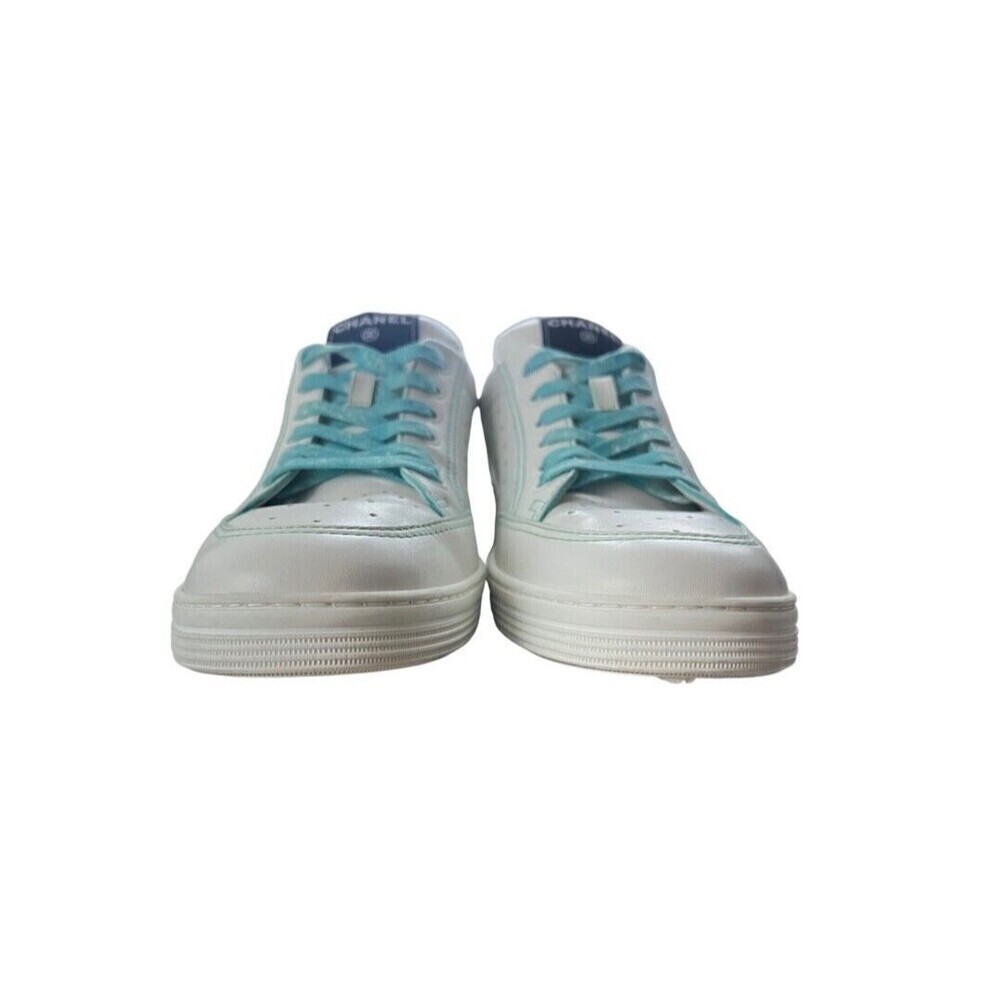 CHANEL Calfskin Men’s Logo Trainer White Blue - Picture 3 of 13